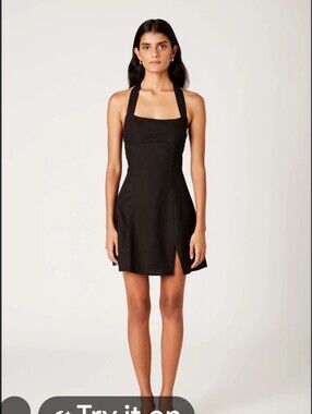 VTG 90s Cache Cocktail Dress SZ 6 Black Halter Stealth Stretch Heavy Polyester